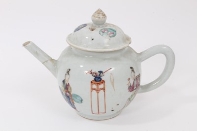 Lot 101 - Two 18th century Chinese famille rose teapots, painted with figures, and a similar coffee pot painted with flowers
