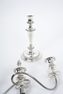 Lot 262 - Pair 1930s silver three light candelabra, with tapering stems and gadrooned borders