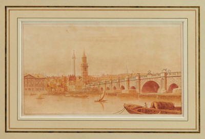 Lot 1104 - George Sidney Shepherd (1784-1862) pen, ink and sepia watercolour - Old London Bridge, signed and dated 1817, 13.5cm x 22.5cm, in glazed gilt frame