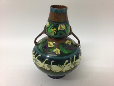 Lot 1002 - Art Nouveau Foley Ware "Intarsio" two handled double gourd shape vase decorated with geese and flowers