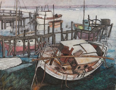 Lot 1180 - *Dione Page (1936-2021) gouache and pastel on paper -laid on board - 'Abandoned boat', signed, titled and dated '89, 77cm x 60cm, unframed