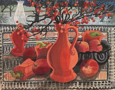 Lot 1181 - *Dione Page (1936-2021) gouache and pastel on paper laid on card - still life with red vase, signed, titled indistinctly and dated '09, 37cm x 28cm, unframed.