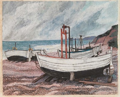 Lot 1183 - *Dione Page (1936-2021) gouache and pastel on paper laid on card- 'On Dunwich Beach', signed, titled and dated '92, 35cm x 28.5cm, unframed.