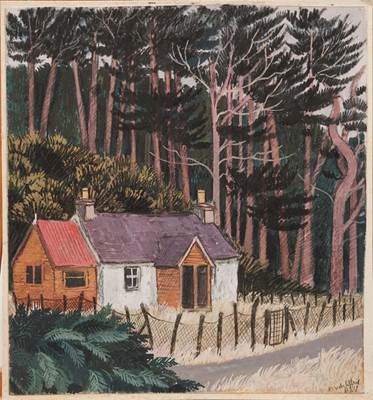 Lot 1182 - *Dione Page (1936-2021) gouache and pastel on paper laid on card - cottage in the woods, signed, titled indistinctly, 24cm x 26cm, unframed.