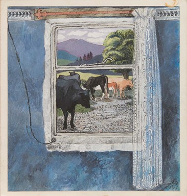 Lot 1184 - *Dione Page (1936-2021) gouache and pastel on paper laid on card - 'Through bedroom window', signed, titled and dated '83, 25cm x 26.5cm, unframed.