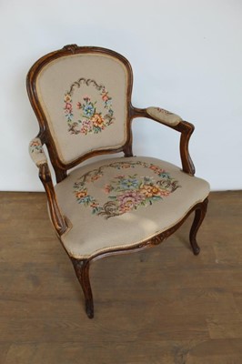 Lot 1370 - Louis XVI style carved beech tapestry upholstered open armchair.