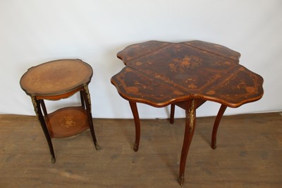 Lot 1372 - Rosewood and marquetry inlaid drop leaf side table, and a two tier side table