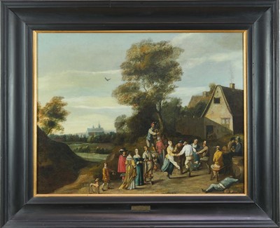 Lot 1205 - Attributed to Pieter Jansz Quast (1606-1647), oil on canvas, figures outside a tavern, 56cm x 72cm, in ebonised frame