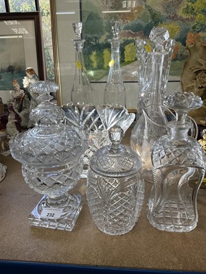 Lot 232 - Victorian cut glass urn and cover and other glass including decanters etc