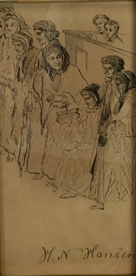 Lot 239 - Hans Hansen (1853-1923) pen and ink sketch - figures at a church, signed
