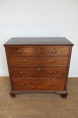 Lot 1364 - George III mahogany chest of drawers with canted angles and ogee bracket feet.