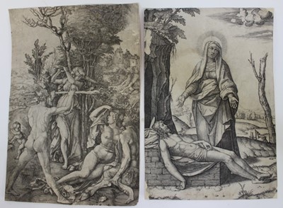 Lot 1233 - After Albrecht Durer, 18th century engraving - Hercules at the Crossroads (The Effects of Jealousy), 31.5cm x 21.5cm, together with another After Durer and two further, each unframed (4)