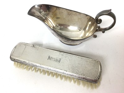 Lot 238 - A silver-mounted match pot, a silver-mounted cranberry glass salt, various white metal dishes, a silver shell salt and a plated sauceboat etc