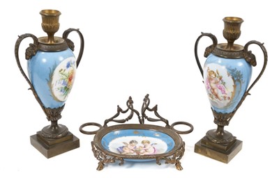 Lot 170 - A pair of late 19th century ‘Sèvres’ cassolettes, and a similar dish