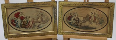 Lot 1224 - After Angelica Kauffman, pair of hand coloured classical engravings 'Morning' and 'Evening', 15cm x 26.5cm, in decorative gilt frames