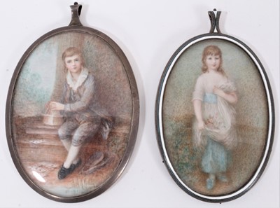 Lot 800 - A late 19th / early 20th century portrait miniature of a young man, in white metal frame, and another of a young girl, in white mental and enamelled frame