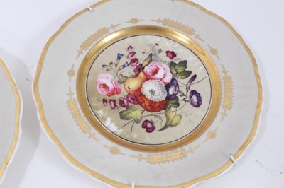 Lot 173 - Four English porcelain dessert plates, painted with flowers, on a grey and gilt ground, circa 
1840