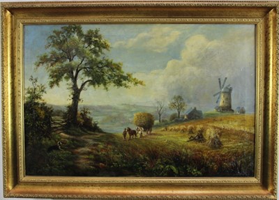 Lot 1230 - English School, late 19th century, oil on canvas - Harvest Landscape with a Windmill, in gilt frame