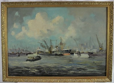 Lot 1225 - Continental School, 20th century, oil on canvas - Harbour scene, indistinctly signed, in gilt frame