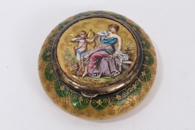 Lot 715 - Continental enamelled and silver mounted cushion snuff box