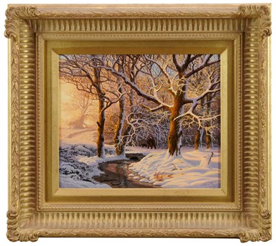 Lot 1105 - *Daniel Van Der Putten (b.1960), oil on panel - Snow Covered Woodland, signed, 24.5cm x 29.5cm, in gilt frame