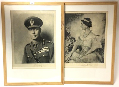 Lot 144 - Pair World War II period portraits of George VI and Elizabeth. Provenance: clients father was in charge of camp for returning soldiers,  and his friend at Buckingham Palace arranged for these to...