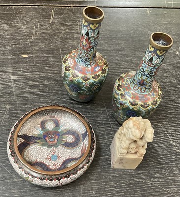 Lot 134 - Pair of cloisonné vases, cloisonné dish and a finely carved soapstone seal