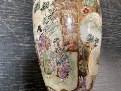 Lot 135 - Pair of Japanese satsuma vases and a satsuma koro and cover