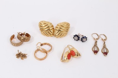 Lot 494 - Pair of 18ct gold clip earrings, pair of 18ct gold and coral earrings, 
a pair of diamond and sapphire cluster earrings, and four pairs 
of 9ct gold earrings