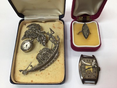 Lot 974 - 1950s silver and marcasite novelty Gondola brooch, silver and marcasite nurse's watch, silver marcasite ring and vintage silver cased watch