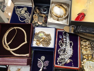 Lot 975 - Collection of vintage costume jewellery, wristwatches including gold watch, bijouterie and coins etc