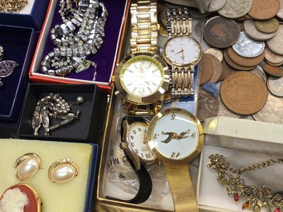 Lot 975 - Collection of vintage costume jewellery, wristwatches including gold watch, bijouterie and coins etc
