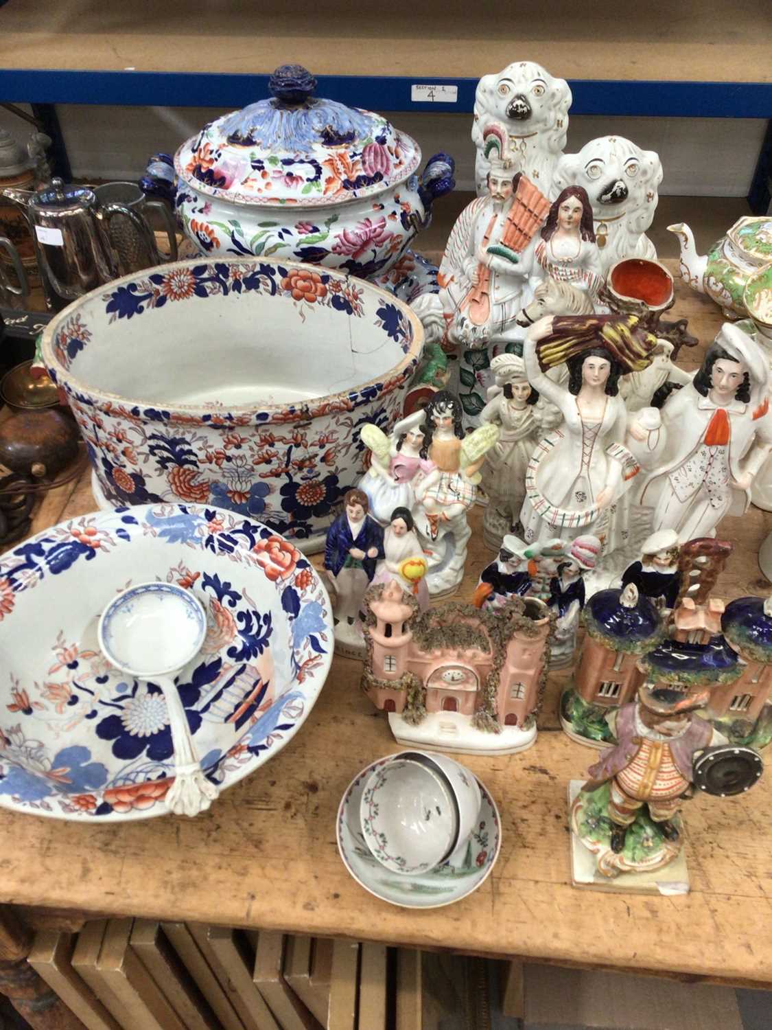 Lot 42 - Group of 19th century English ceramics, including large Mason's Imari tureen, bowl, etc, Staffordshire figures, pair of spaniels, pearlware figure of Falstaff, etc