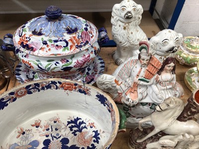 Lot 42 - Group of 19th century English ceramics, including large Mason's Imari tureen, bowl, etc, Staffordshire figures, pair of spaniels, pearlware figure of Falstaff, etc