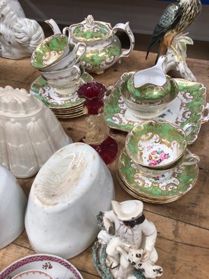 Lot 43 - Group of ceramics and glass, including a Karl Ens bird, Dresden double salt, Salviati style candlestick, jelly moulds, Caughley tea caddy, floral painted tea set, etc