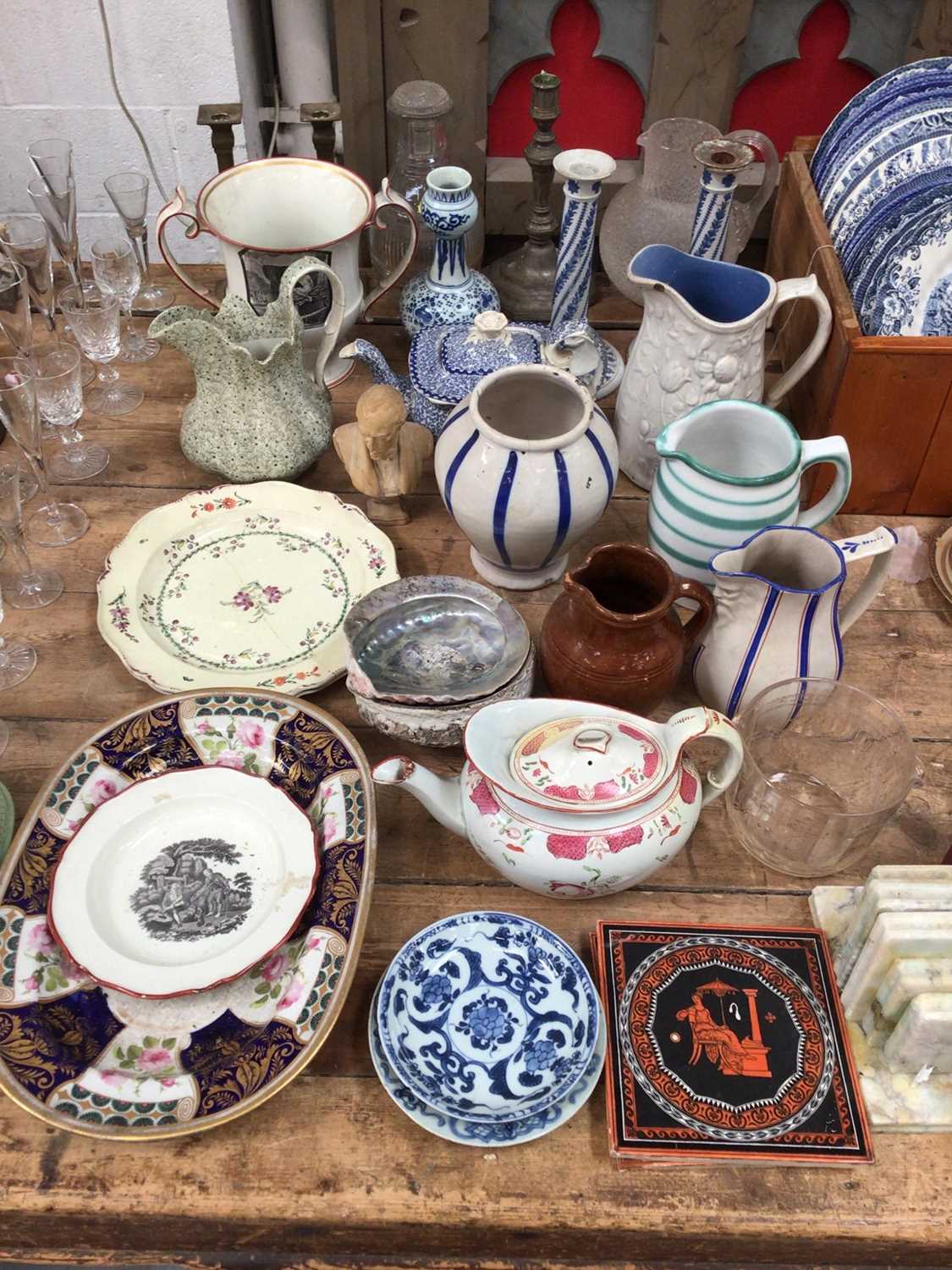Lot 45 - Group of antique china, glass and sundries, including Delftware vase, creamware plates, Chinese saucers, tiles, Wedgwood candlesticks, etc
