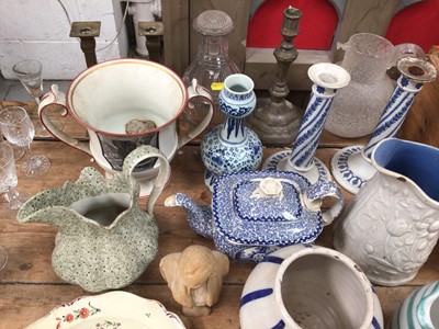 Lot 45 - Group of antique china, glass and sundries, including Delftware vase, creamware plates, Chinese saucers, tiles, Wedgwood candlesticks, etc
