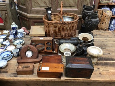 Lot 48 - Sundry items, including a pair of urns, treen, metalwares, bone dominoes, pocket watch holder and pocket watch, etc