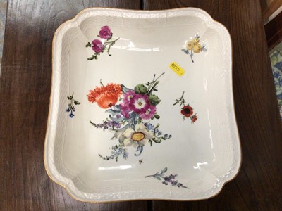 Lot 262 - 18th century Meissen dish, of square form, polychrome painted with flowers, crossed swords mark to base, 25.5cm wide