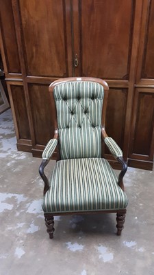 Lot 1104 - Victorian rosewood framed open elbow easy chair with buttoned striped upholstery on turned front legs