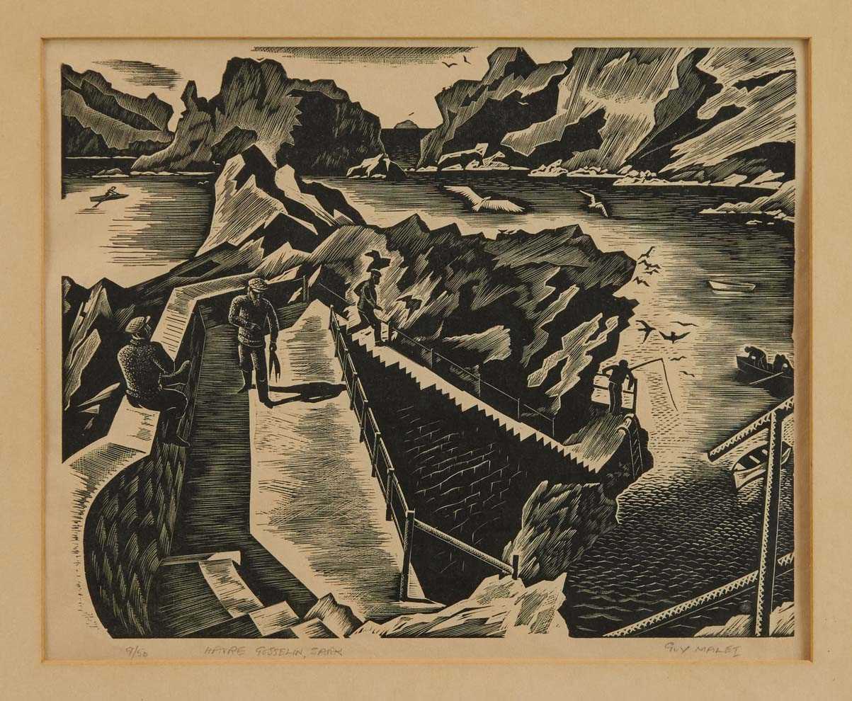 Lot 1132 - Guy Seymour Warre Malet (1900-1973) signed limited edition woodcut - Havre Gosselin, Sark, 9/50, 21.5cm x 26.5cm, artists label verso, framed size 49cm x 48cm