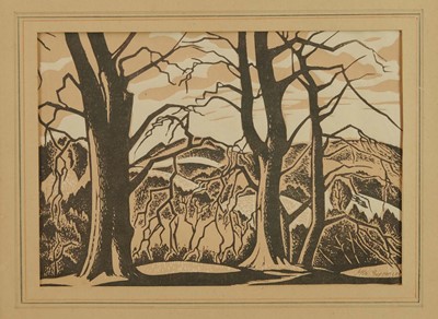 Lot 1133 - Guy Seymour Warre Malet (1900-1973) signed limited edition linocut - The Edge of the Wood, 6/50, 21.5cm x 30.25cm, artists label verso, framed size 49cm x 48cm