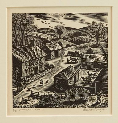 Lot 1134 - Gwenda Morgan (1908-1991) signed limited edition woodcut - Downland Farm, 3/50, 12.25cm x 13.5cm, mounted