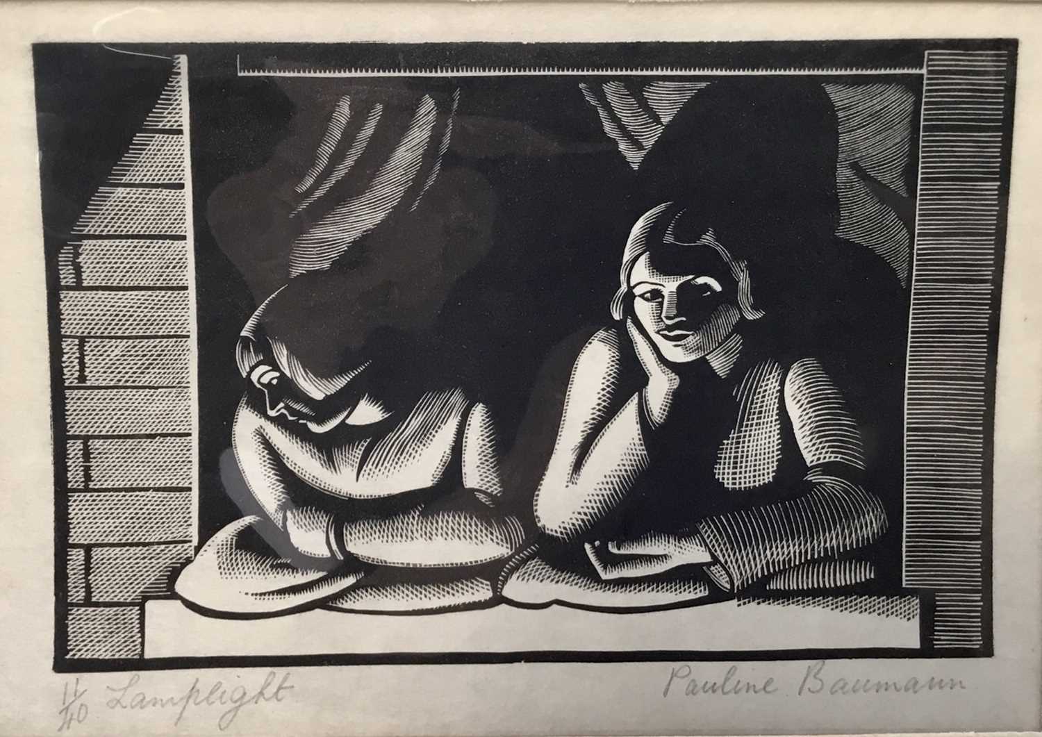 Lot 114 - Pauline Baumann (act.1929-1940)signed limited edition woodcut - Lamplight, 11/40, 11.75cm x 16.5cm, mounted