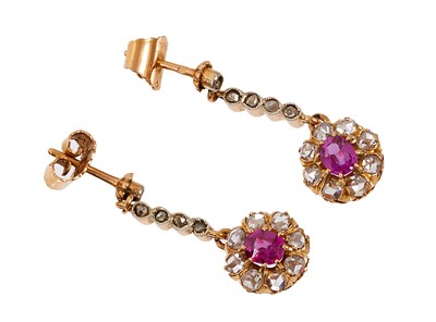 Lot 477 - Pair of ruby and diamond drop earrings