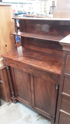 Lot 1107 - Victorian mahogany chiffonier with raised shelf back, frieze drawer and two panelled doors below on turned feet, 89.5cm wide, 45cm deep, 145cm high