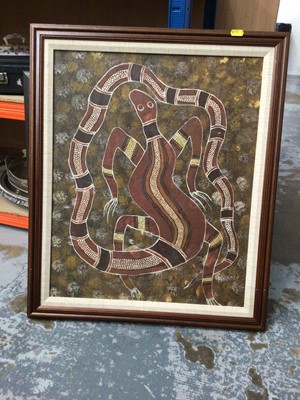 Lot 100 - Three Aboriginal paintings to include Reggie Sultan (Born 1955) - '2 people digging 2 goannas', Pinnole oil of a lizard and Audrey Nugarrai 'Women getting bush orange banana' (3)