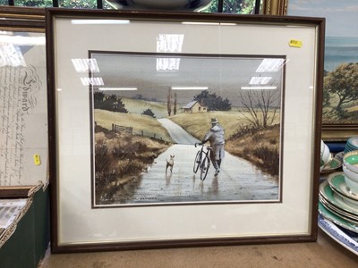 Lot 101 - Garrick Tremain (New Zealand, born 1941) watercolour in glazed frame, man with bicycle and dog
