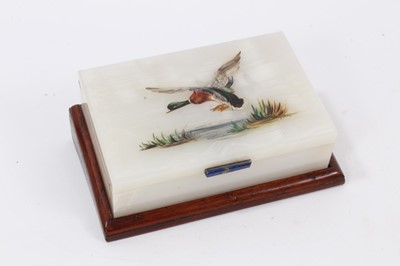 Lot 707 - Art Deco cigarette box with silver gilt hinge and lapis lazuli thumb piece, to lid painted by D. Vaughan depicting a flying mallard, hallmarked, Henry Griffifs, London 1947.