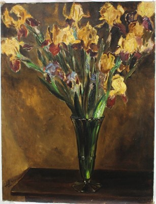 Lot 1207 - Marcel Gillis (1897-1972) oil on canvas, still life vase of irises, signed and dated, 92cm x 71cm, unframed